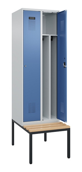 C+P Spind Evolo PLUS, 2 Abteile, 2120x600x815mm, 7035/5023, Zylinderschloss, Sitzfläche Buche-Hartholz, Sitzbank, 0490507-20F S10035