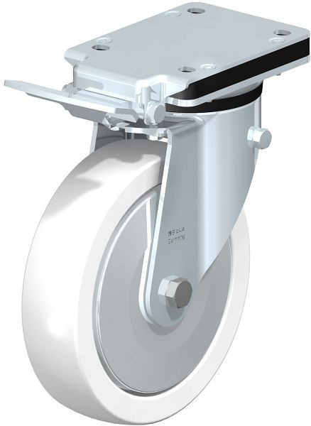 Blickle LK-SPO 200G-IS-FA Stahlblech-Lenkrolle, schwere Ausführung, mit Anschraubplatte & Feststeller, Polyamid, Weiß, 750542