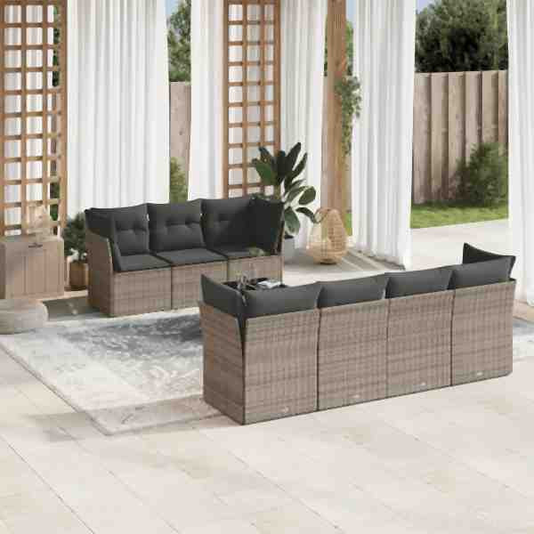 vidaXL 8-tlg. Garten-Sofagarnitur mit Kissen Grau Poly Rattan, UV-beständig, 3217280