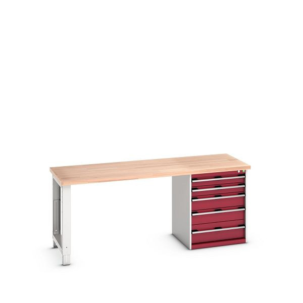 bott cubio Werkbank mit Schubladenschrank 5 Schubladen, Fuß, Rotbuche-Platte, BxTxH: 2000x750x840mm, Rotbuche RAL 7035/3004, 41003454.24V
