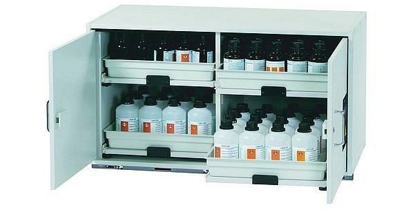 asecos Säuren- und Laugenunterbauschrank SL-CLASSIC-UB Modell SL.060.110.UB.2T in lichtgrau mit 4x Tablarauszug (FP-Platte/Polypropylen), 30619-892-30621
