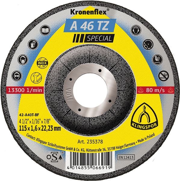Klingspor A 46 TZ Trennscheiben 115 x 1,6 x 22,23 mm gekröpft, VE: 25 Stück, 235378