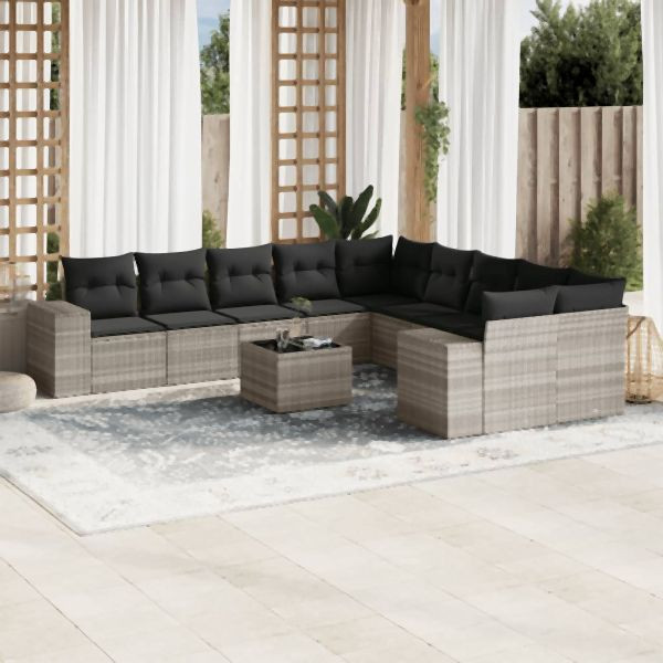 vidaXL 11-tlg. Garten-Sofagarnitur mit Kissen Hellgrau Poly Rattan, 3255459