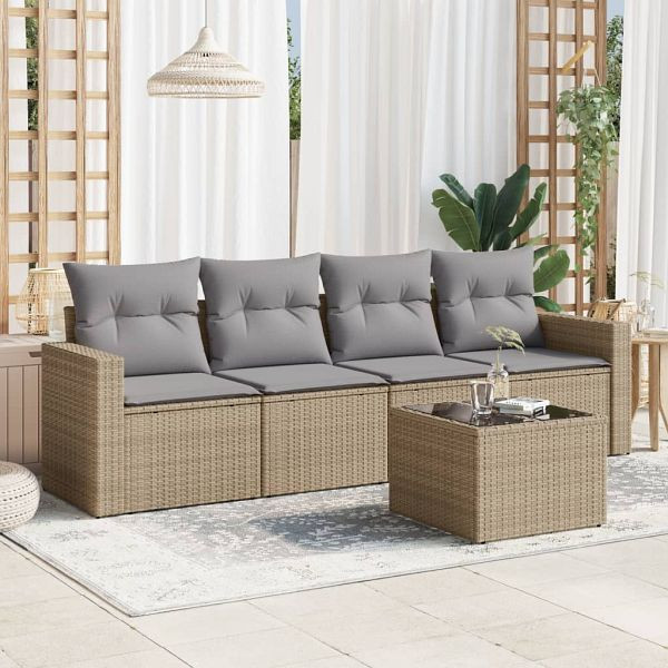 vidaXL 5-tlg. Garten-Sofagarnitur mit Kissen Beige Poly Rattan, 3218679