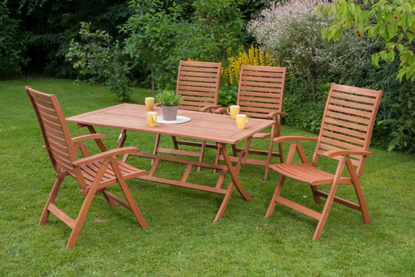 Merxx La Plata Set 5-teilig, 4 La Plata Klappsessel, 5-fach verstellbar, 1 Klapptisch, 160 x 90 cm, FSC Eukalyptusholz, 50028-011