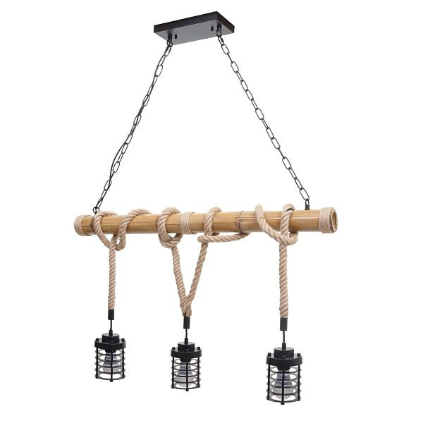 Mendler Pendelleuchte HWC-H82, Hängelampe Hängeleuchte, Industrial Vintage Bambus Seil Metall schwarz, 3x Käfiglampenschirm, 74203