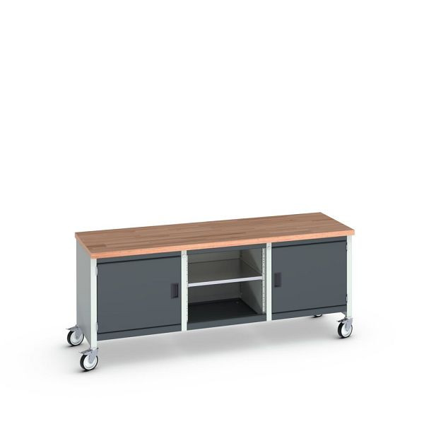 bott cubio Kastenwerkbank mobil, 2 Türen, 3 Ablagen, Rotbuche-Arbeitsplatte, BxTxH: 2000x750x840mm, RAL 7035/7016, Anthrazitgrau, 41002119.19V