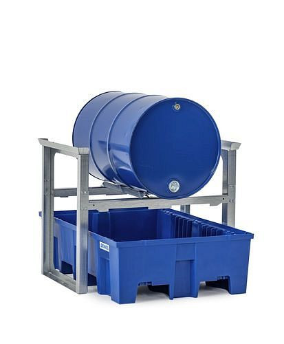 DENIOS Fassregal für 1 Fass à 200 Liter, mit Kunststoffwanne, 1049 x 1245 x 837 mm, 291777