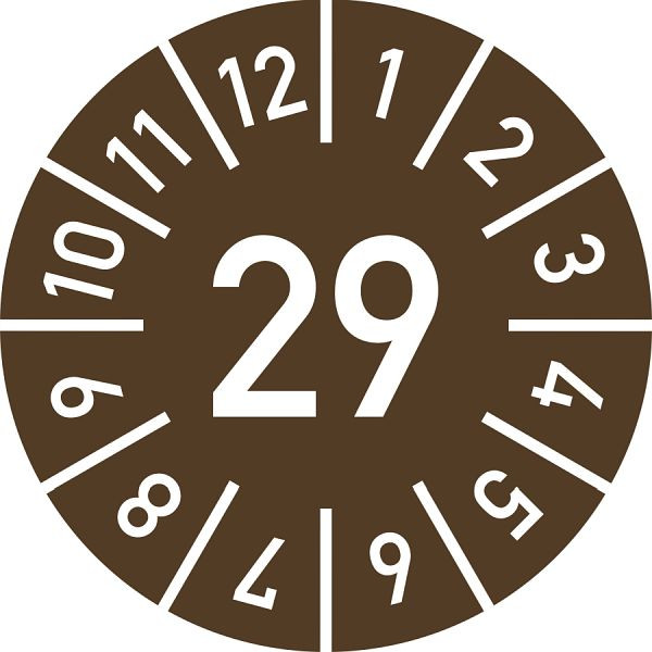 Moedel Prüfplakette Jahr 29 mit Monaten, braun, Folie, Ø 10 mm, VE: 10 Stück/Bogen, 108411