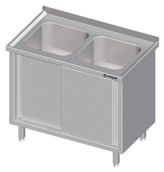 Stalgast Spülschrank mit Schiebetüren, 1500x700x850 mm, mit zwei Becken links, mit Aufkantung, verschweißt, VSK15703LA