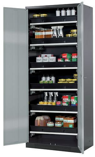 asecos Chemikalienschrank Systema-T CS-86, Korpus anthrazit, Flügeltüren silber, 6 Tablarauszüge, 209083