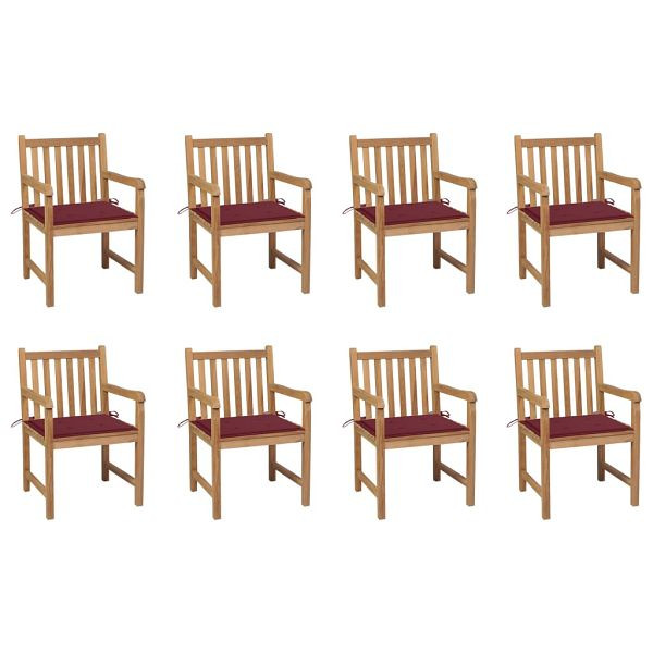 vidaXL Gartenstühle 8 Stück mit Weinroten Kissen Massivholz Teak, 3073067
