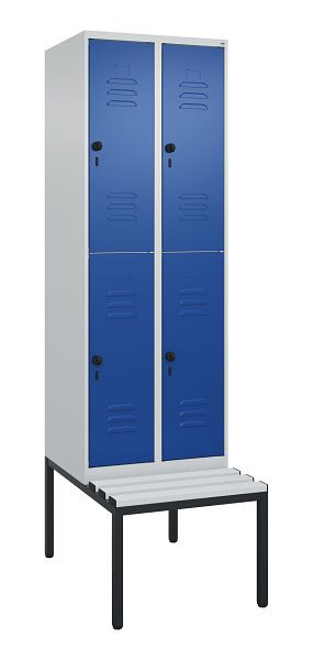 C+P Doppelstöckiger Spind Classic PLUS, 2 Abteile, 2120x600x815mm, 7035/5010, Drehriegel, mit untergebauter Sitzbank, 0803507-20 S10108