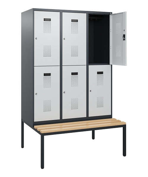 C+P Doppelstöckiger Spind Evolo PLUS, Bank, 6 Fächer, 1950x1200x815mm, 7016/7035, Zylinderschloss, Sitzfläche Buche-Hartholz, Sitzbank, 0493505-32 S10044