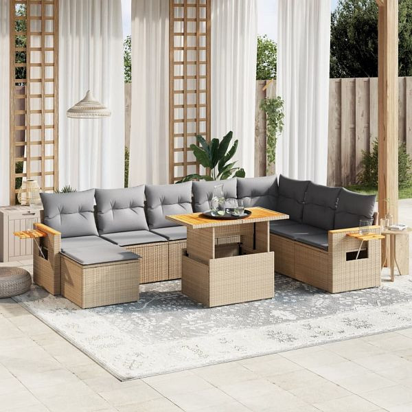 vidaXL 9-teilig Garten-Sofagarnitur mit Kissen Beige Poly Rattan, 3273656