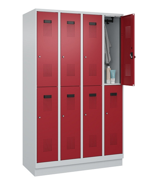 C+P Doppelstöckiger Spind Evolo PLUS, mit Sockel, 8 Fächer, 1950x1200x500mm, 703, Frontfarbe RAL 3003 Rubinrot, Zylinderschloss, 049320-40 S10031