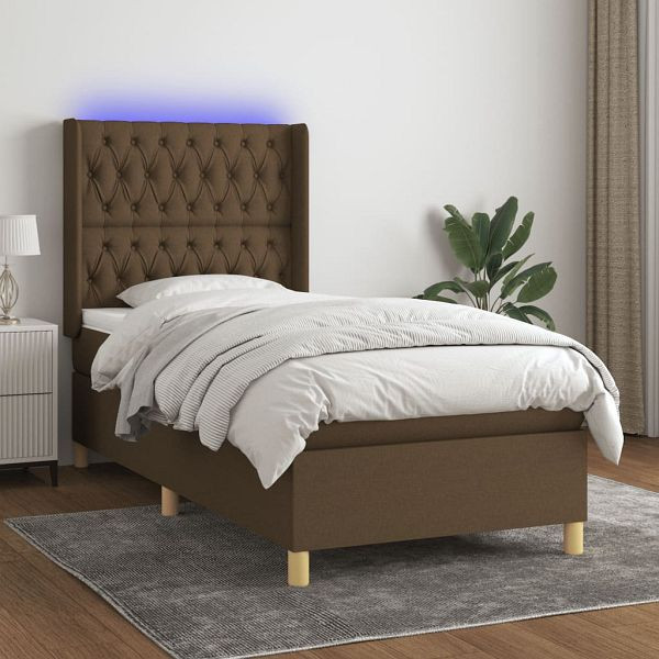 vidaXL Boxspringbett mit Matratze & LED Dunkelbraun 90x190 cm Stoff, 3139080
