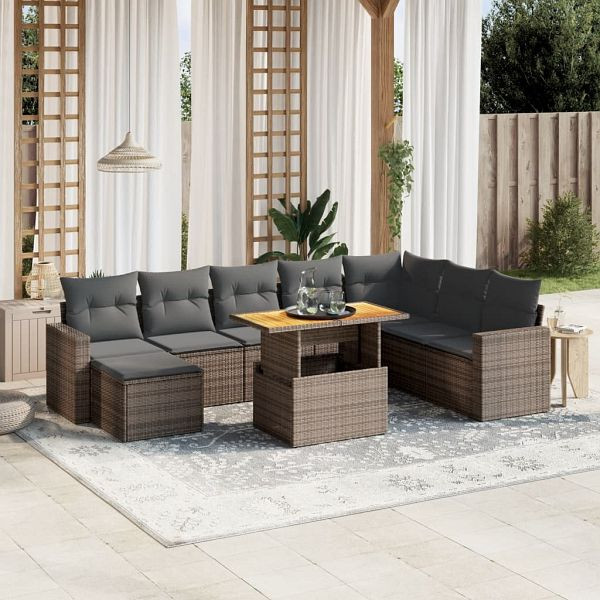 vidaXL 9-tlg. Garten-Sofagarnitur mit Kissen Grau Poly Rattan, 3275629