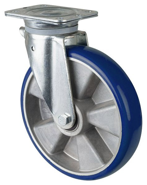 BS Rollen Schwerlastrolle Lenkrolle, Polyurethanrad 83 Shore, Aluminiumfelge, Kugellager, Platte, Durchmesser: 250 mm, N100.B92.250