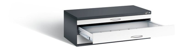 C+P Flachablageschrank Serie 7100_7200, H420xB1100xT765mm, Farbe: Schwarzgrau / Verkehrsweiß, Bügelgriff, 7100-100 S10144