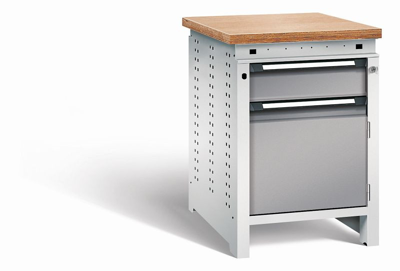 Otto Kind Werkbank Serie function Typ 105, Multiplexplatte 40 mm, bündig, Unterbau mit Zentralverschluss, Gehäuse RAL 7035, Front RAL 7037, 072322167