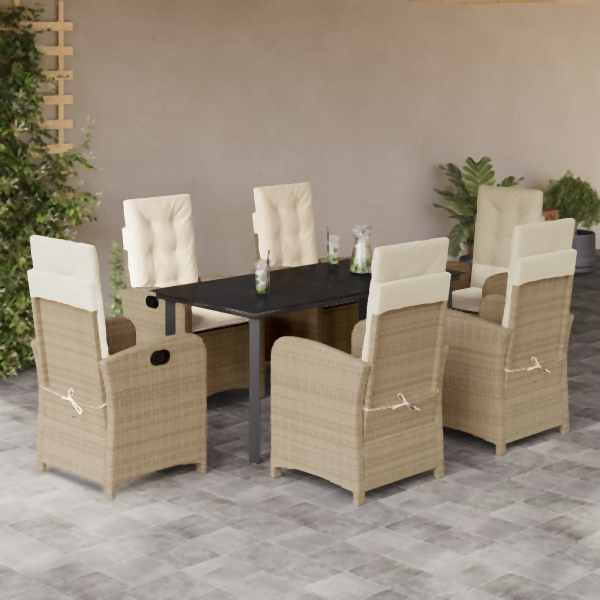 vidaXL 7-tlg. Garten-Essgruppe mit Kissen Beige Poly Rattan, UV-beständig, 3212386