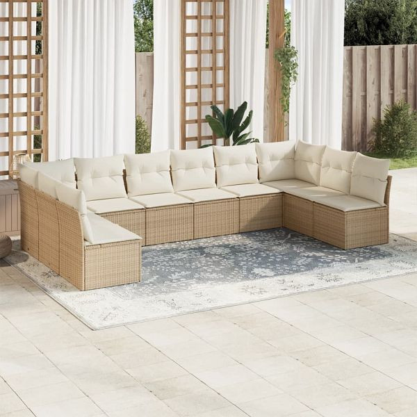 vidaXL 10-teilig Garten-Sofagarnitur mit Kissen Beige Poly Rattan, 3249927