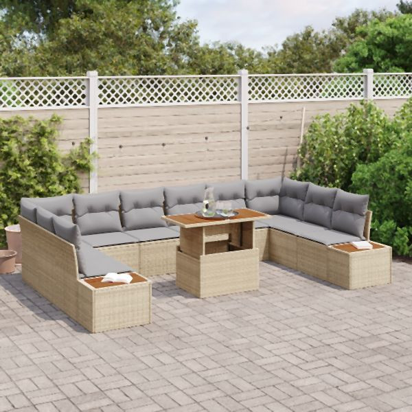 vidaXL 11-teiliges Garten Esszimmer Set mit Kissen in Beige, Poly Rattan und Akazie, 3350107