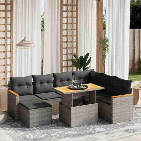 vidaXL 8-tlg. Garten-Sofagarnitur mit Kissen Grau Poly Rattan, UV-beständig, 3273195