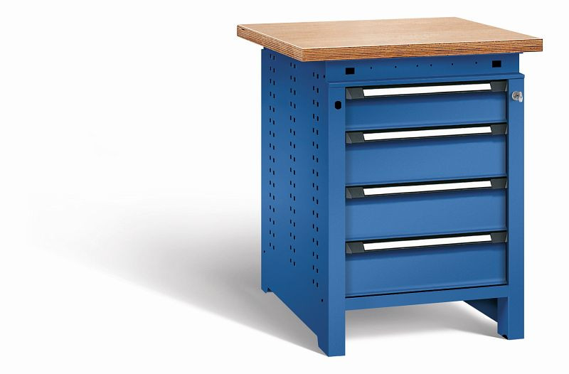 Otto Kind Werkbank Serie function Typ 107, Multiplexplatte, überstehend, 4 Schubladen, mit Zentralverschluss, komplett RAL 5010, 072324213