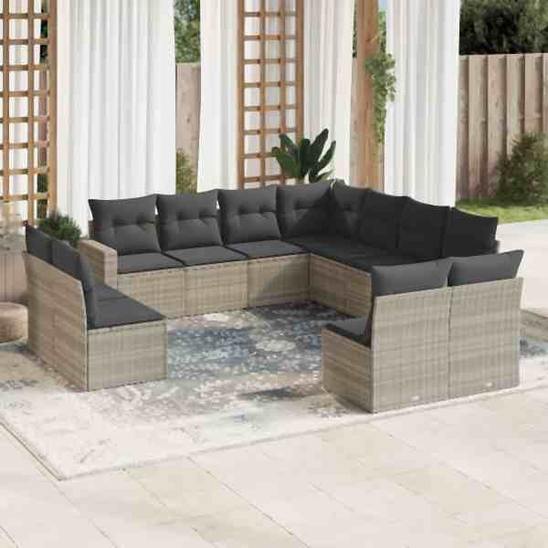 vidaXL 11-tlg. Garten-Sofagarnitur mit Kissen Hellgrau Poly Rattan, UV-beständig, 3219122