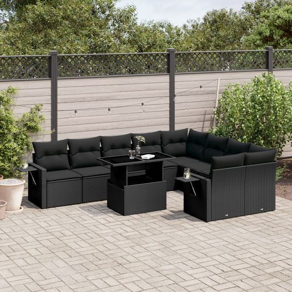vidaXL 10-teilig Garten-Sofagarnitur mit Kissen Schwarz Poly Rattan, 3268125