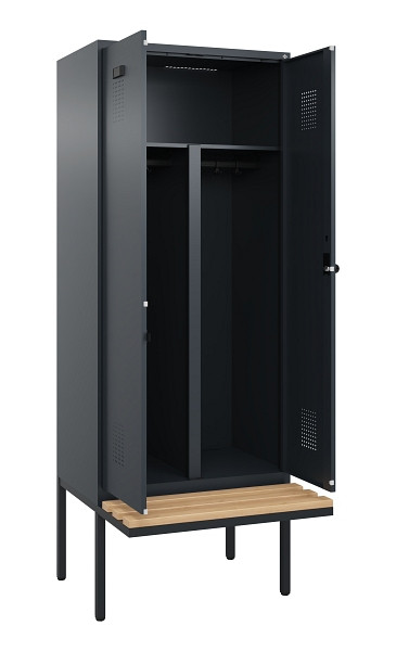 C+P PSA Doppel-Spind Evolo PLUS, Bank, 2 Abteile, 2120x800x815mm, 7016/7016, Drehriegel, Sitzfläche Holz, 0490427-22P S10016