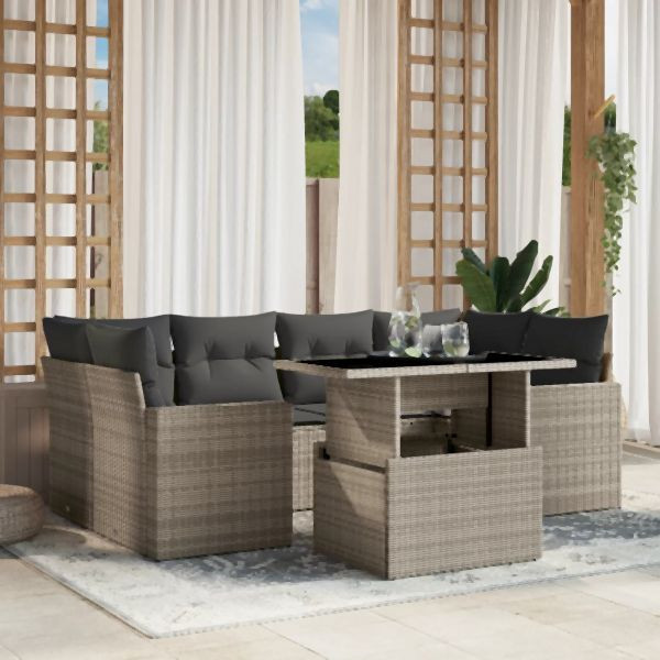 vidaXL 7-tlg. Garten-Sofagarnitur mit Kissen Hellgrau Poly Rattan, 3267132