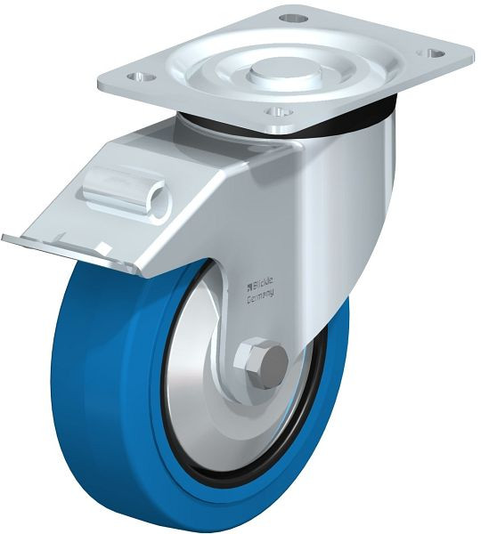 Blickle L-POEV 160K-FI-SB-FA Stahlblech-Lenkrolle, mittelschwere Ausführung, mit Anschraubplatte & Feststeller, Elastik-Vollgummi, Blau, 749352