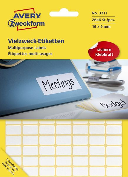 AVERY Zweckform 3311 Universal-Etiketten, 16 x 9 mm, weiß, 2.646 Etiketten/27 Blatt, permanent, 3311