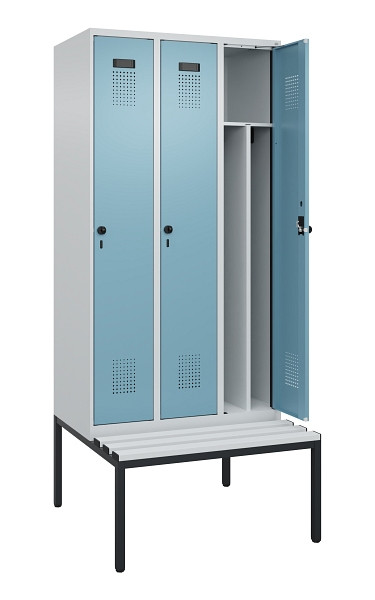 C+P Spind Evolo PLUS, 3 Abteile, 2120x900x815mm, 7035/0010, Haken 4, Drehriegel, Sitzfläche Kunststoff, Sitzbank, 0490507-30F S10063