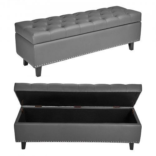 VEVOR Sitzbank Ottomane aus PU-Leder, Holzbeine, Stauraum, Knopfheftung, 300 kg Tragkraft, 415x1305x440 mm, Grau, PZWSZYXTK516UUTAR001V0