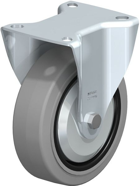 Blickle B-POEV 125KD-SG-FA Stahlblech-Bockrolle, mittelschwere Ausführung, mit Anschraubplatte, Elastik-Vollgummi, Grau, 749080