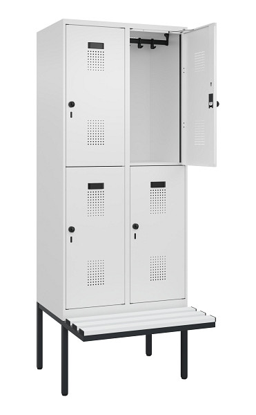 C+P Doppelstock-Spind Evolo PLUS, Bank, 4 Fächer, 2120x800x815mm, 9016/9016, Drehriegel, Sitzfläche Kunststoff, 0493407-22 S10101