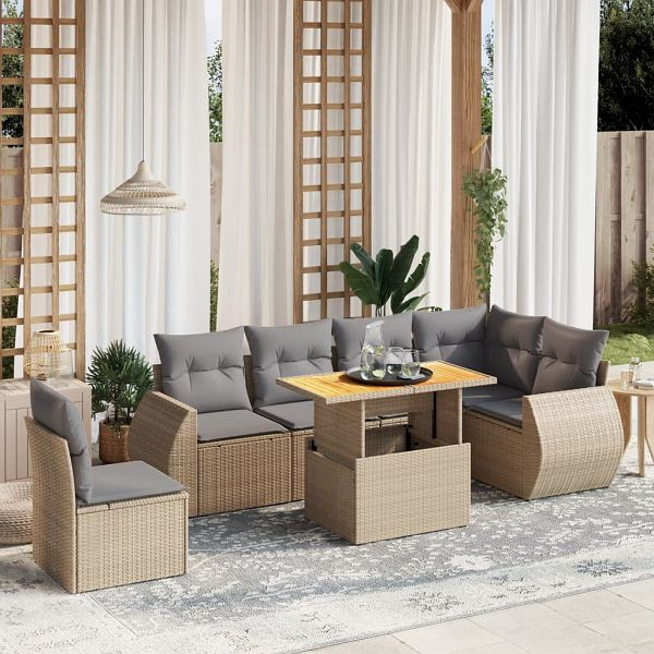 vidaXL 7-teilig Garten-Sofagarnitur mit Kissen Beige Poly Rattan, 3272221
