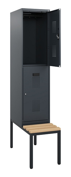 C+P Doppelstöckiger Spind Evolo PLUS, Bank, 2 Fächer, 1950x400x815mm, 7016/7016, Zylinderschloss, Sitzfläche Buche-Hartholz, Sitzbank, 0493505-12 S10043