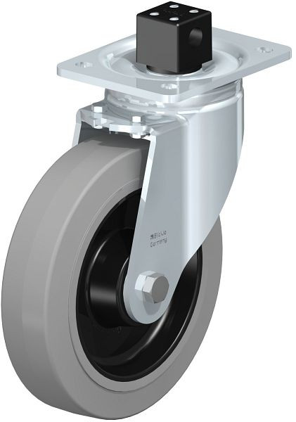 Blickle LH-POEV 200XKA-CS13-SG Stahlblech-Lenkrolle, Schwerlast-Ausführung, mit Anschraubplatte & Zentralfeststeller, Elastik-Vollgummi, Grau, 851916