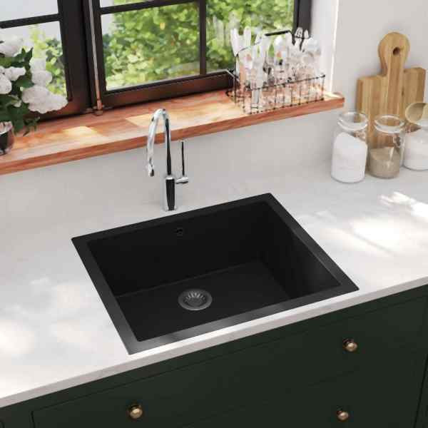 vidaXL Küchenspüle mit Überlauf Schwarz Granit, 147069, 8720286042076