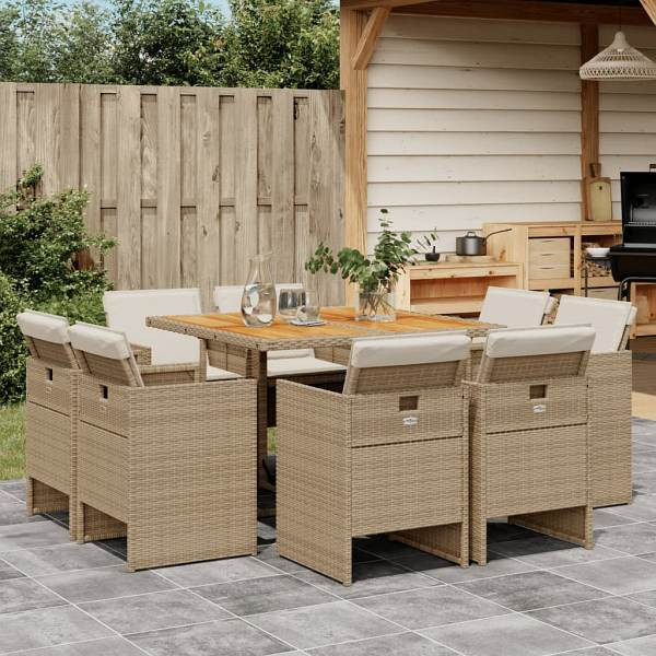 vidaXL 9-tlg. Garten-Essgruppe mit Kissen Beige Poly Rattan, UV-beständig, 3277791