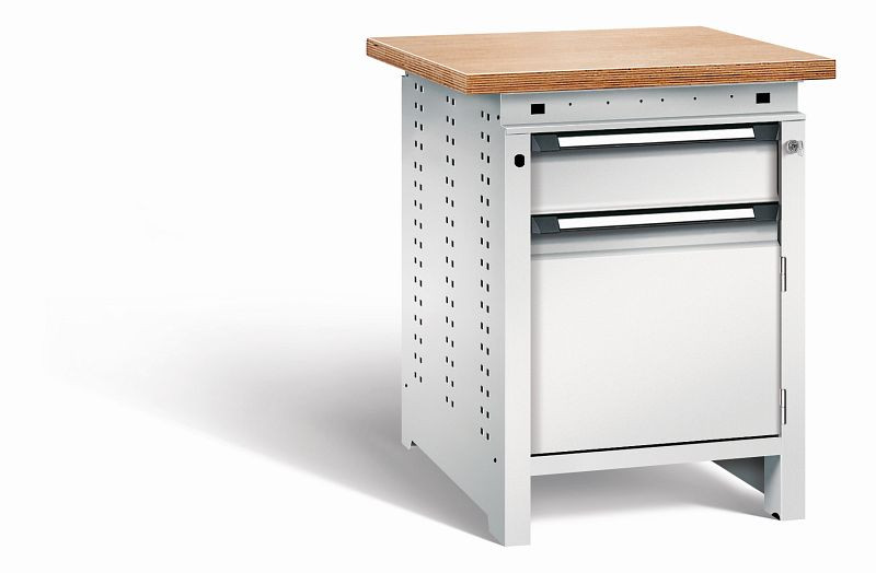 Otto Kind Werkbank Serie function Typ 105, Multiplexplatte 40 mm, überstehend, Unterbau mit Zentralverschluss, komplett RAL 7035, 072322217