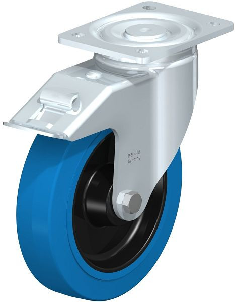 Blickle LH-POEV 200R-FI-SB Stahlblech-Lenkrolle, Schwerlast-Ausführung, mit Anschraubplatte & Feststeller, Elastik-Vollgummi, Blau, 750079