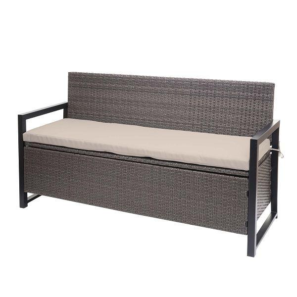 Mendler Poly-Rattan 3er Sitzbank HWC-F39, Gartenbank Truhenbank, Staufach Aufbewahrung Sitzkissen, grau-meliert, Kissen beige, 98452+98453