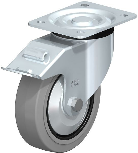 Blickle L-POEV 160XR-FI-SG-FA Stahlblech-Lenkrolle, mittelschwere Ausführung, mit Anschraubplatte & Feststeller, Elastik-Vollgummi, Grau, 850612