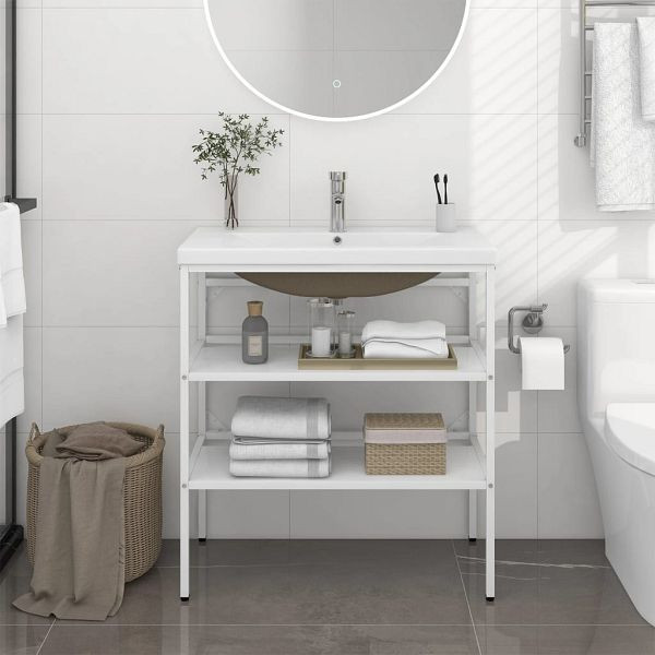 vidaXL Badezimmer-Waschtischgestell mit Waschbecken Weiß Eisen, 3101375